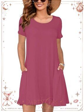 Women's Short Sleeve Swing Sundress Casual T-Shirt Midi Dress Pockets